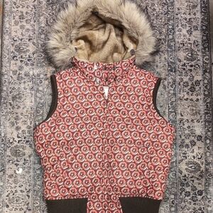 Y2K Aeropostale Faux Fur Down Hooded Vest with Retro flowal Pattern